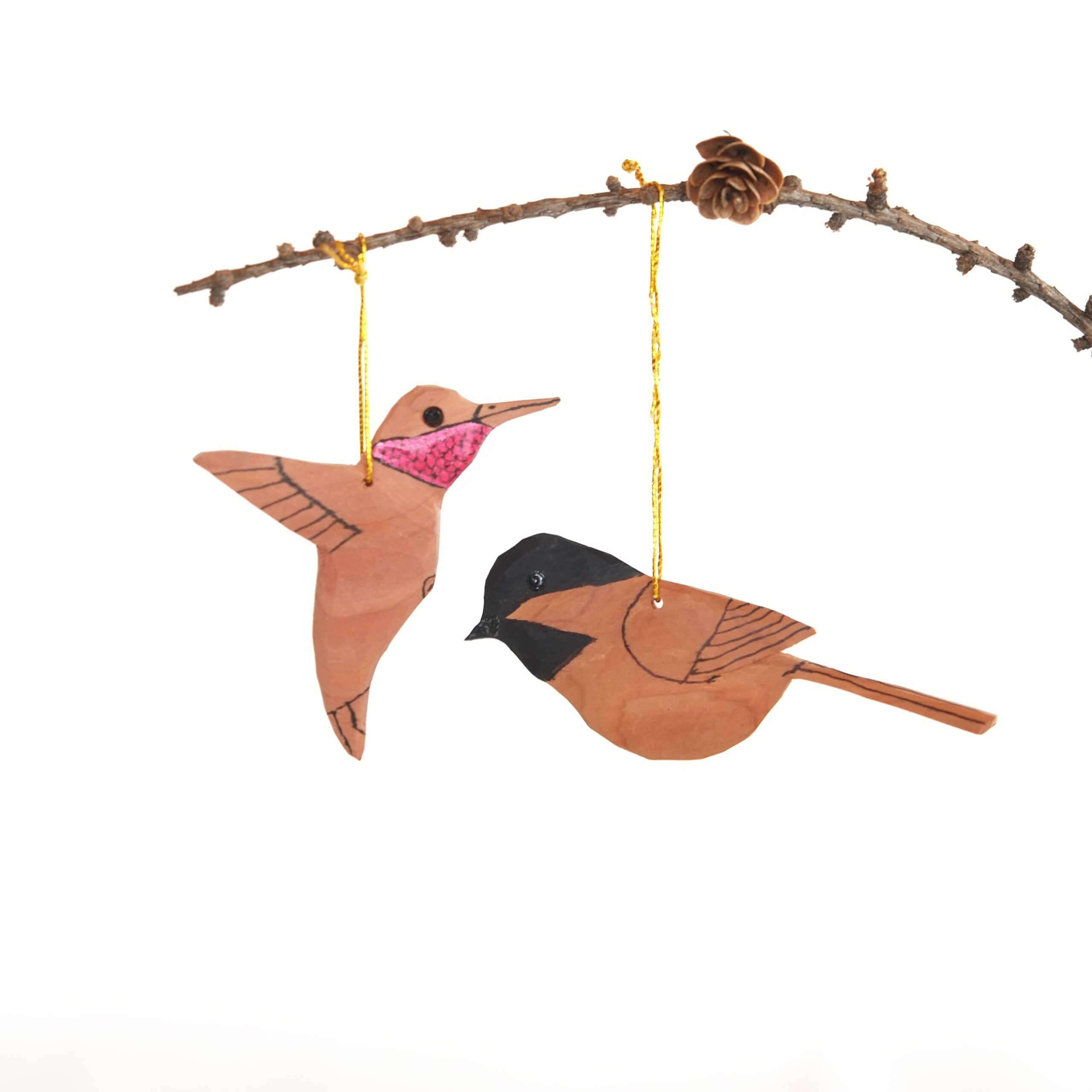 Chickadee & Hummingbird Carved Ornaments
